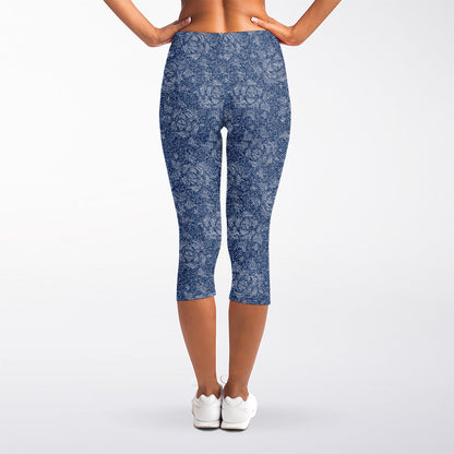 Rose Denim Jeans Pattern Print Women's Capri Leggings