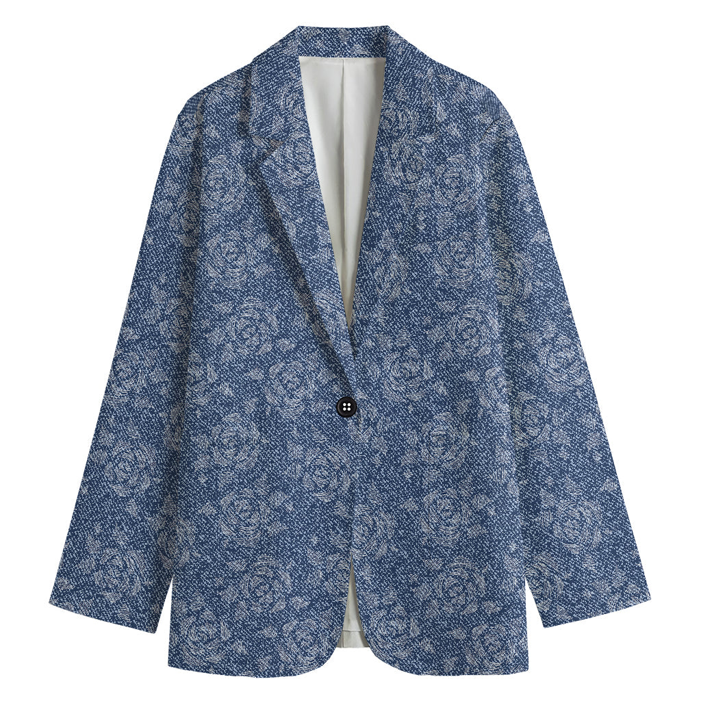 Rose Denim Jeans Pattern Print Women's Cotton Blazer
