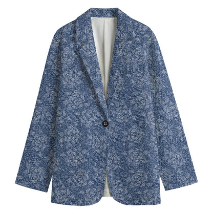 Rose Denim Jeans Pattern Print Women's Cotton Blazer