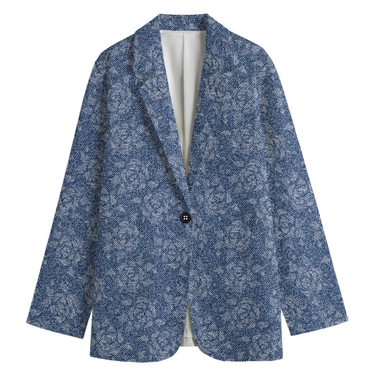 Rose Denim Jeans Pattern Print Women's Cotton Blazer
