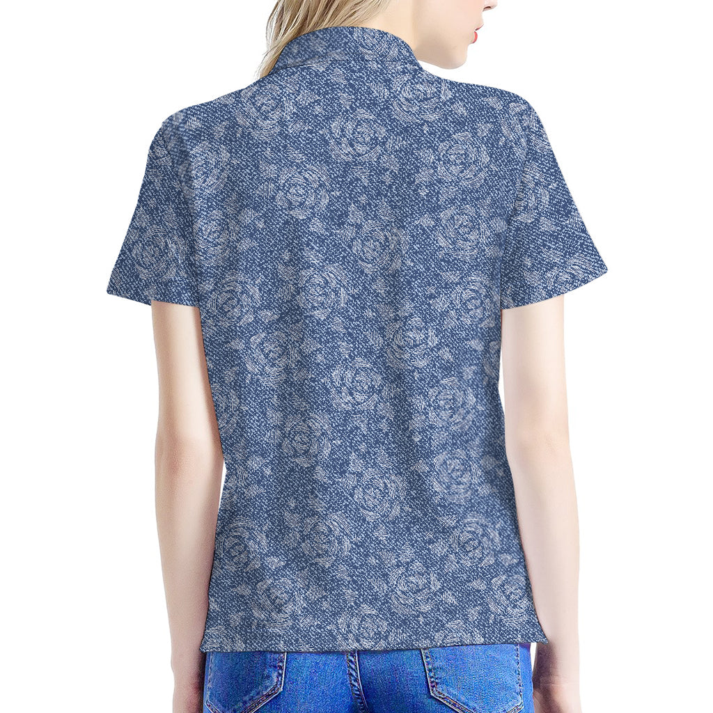 Rose Denim Jeans Pattern Print Women's Polo Shirt