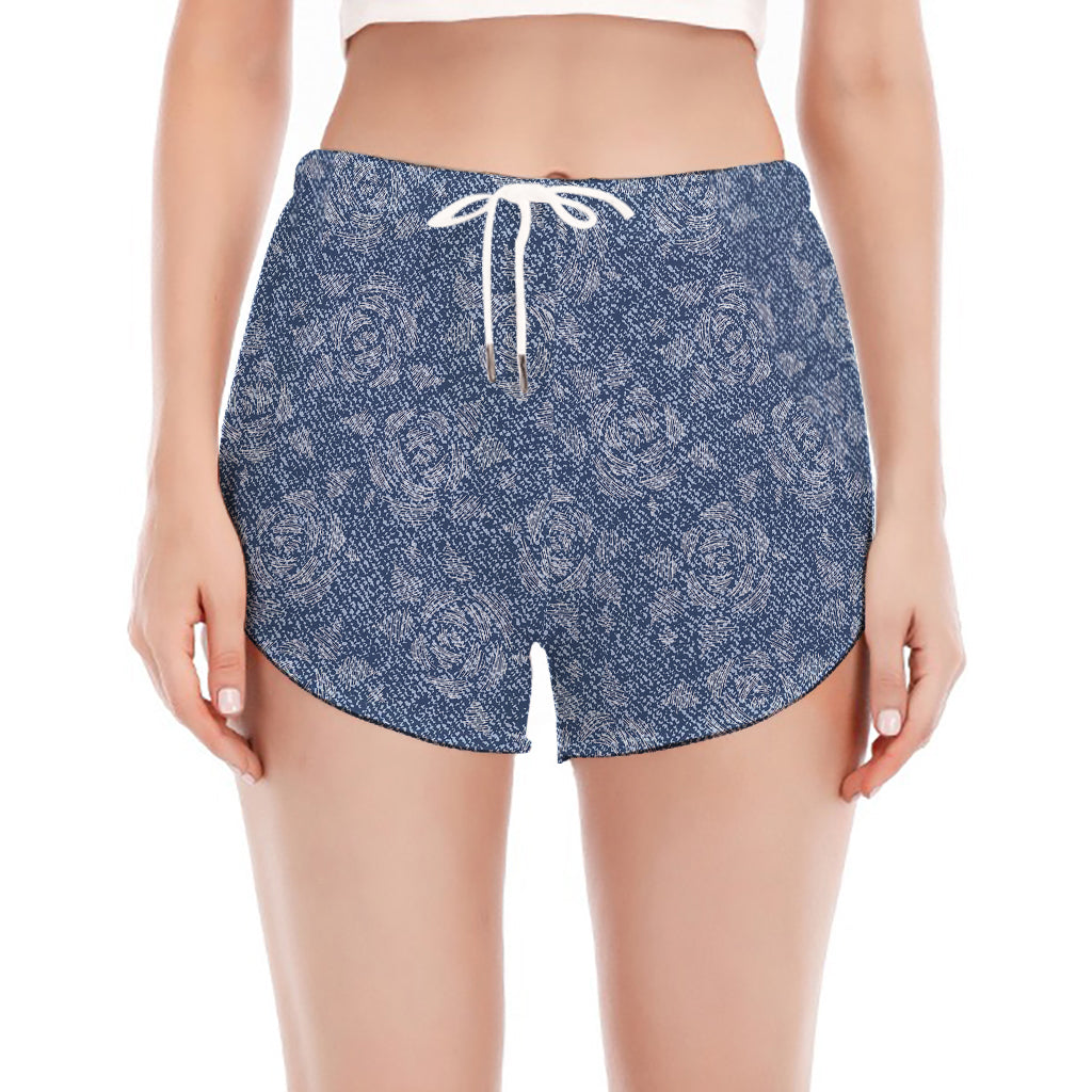 Rose Denim Jeans Pattern Print Women's Split Running Shorts