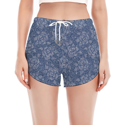 Rose Denim Jeans Pattern Print Women's Split Running Shorts