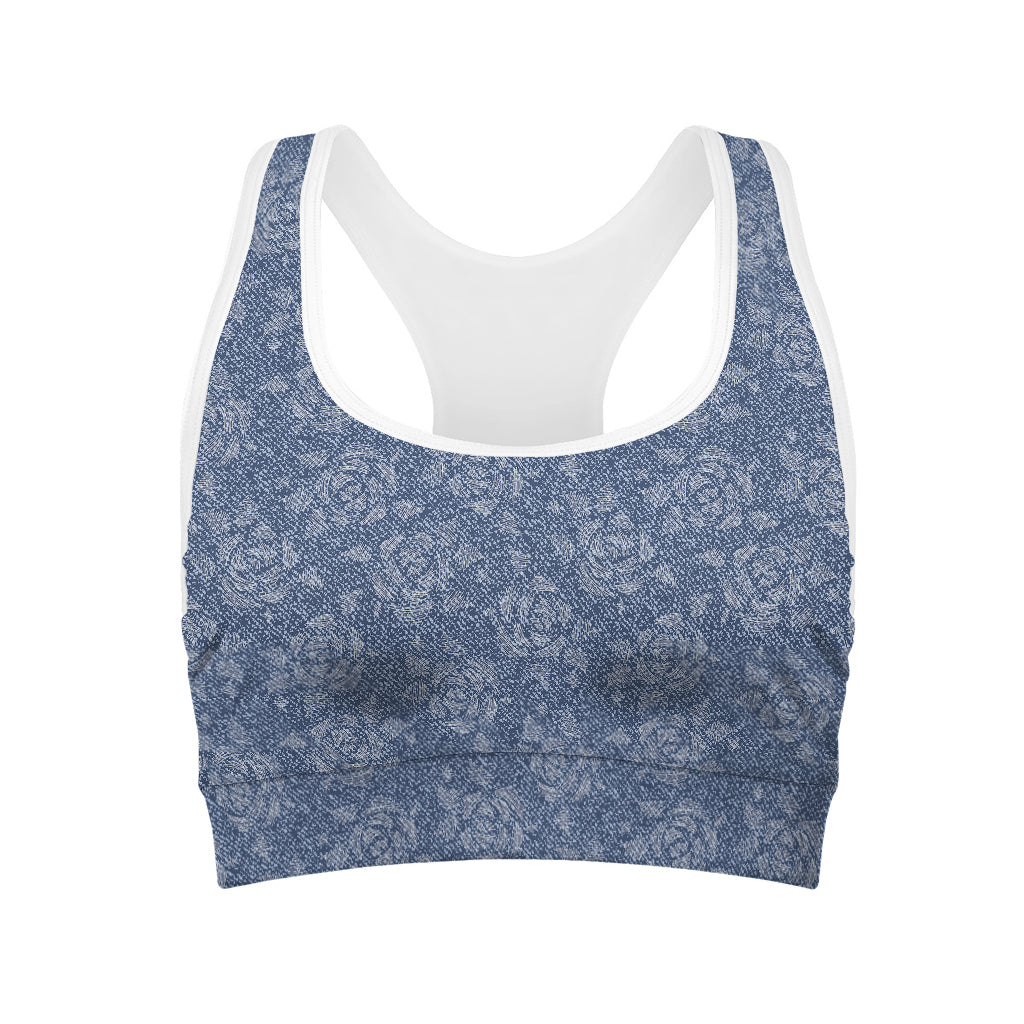 Rose Denim Jeans Pattern Print Women's Sports Bra