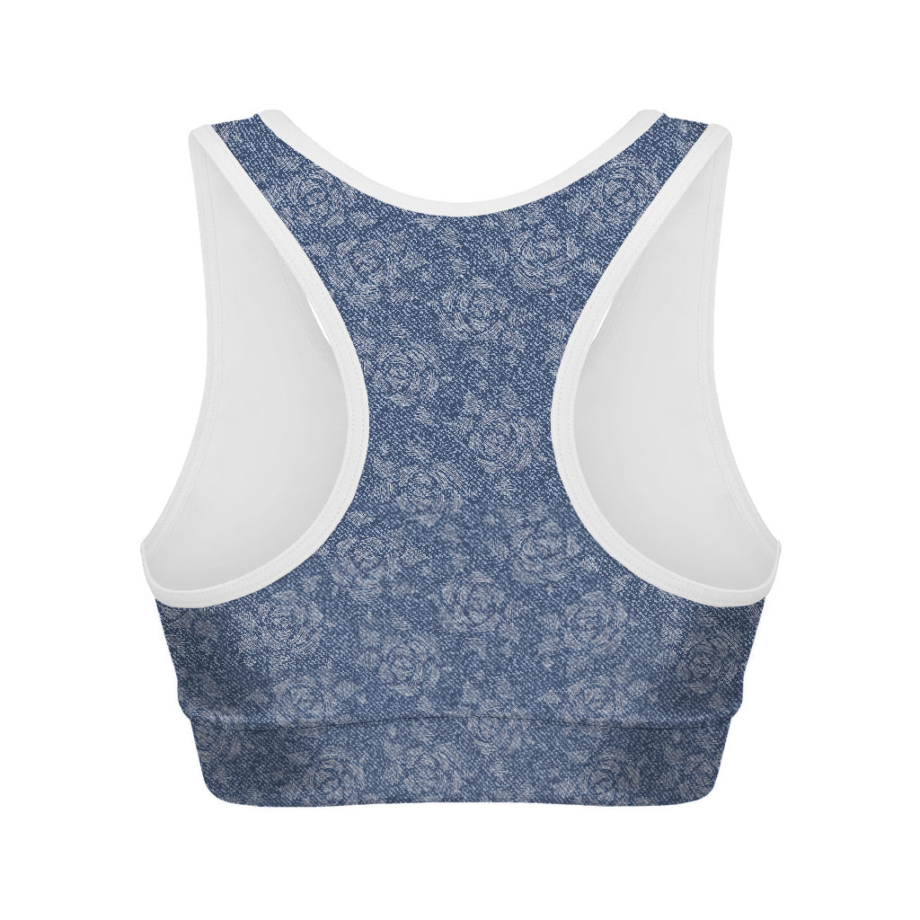 Rose Denim Jeans Pattern Print Women's Sports Bra