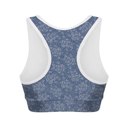 Rose Denim Jeans Pattern Print Women's Sports Bra