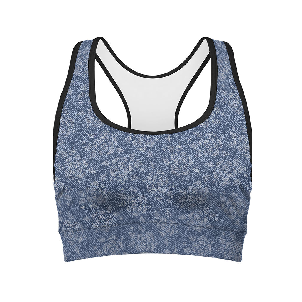 Rose Denim Jeans Pattern Print Women's Sports Bra