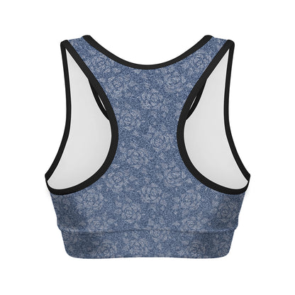 Rose Denim Jeans Pattern Print Women's Sports Bra