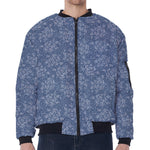 Rose Denim Jeans Pattern Print Zip Sleeve Bomber Jacket