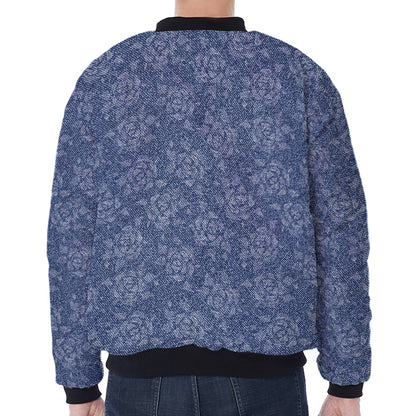 Rose Denim Jeans Pattern Print Zip Sleeve Bomber Jacket