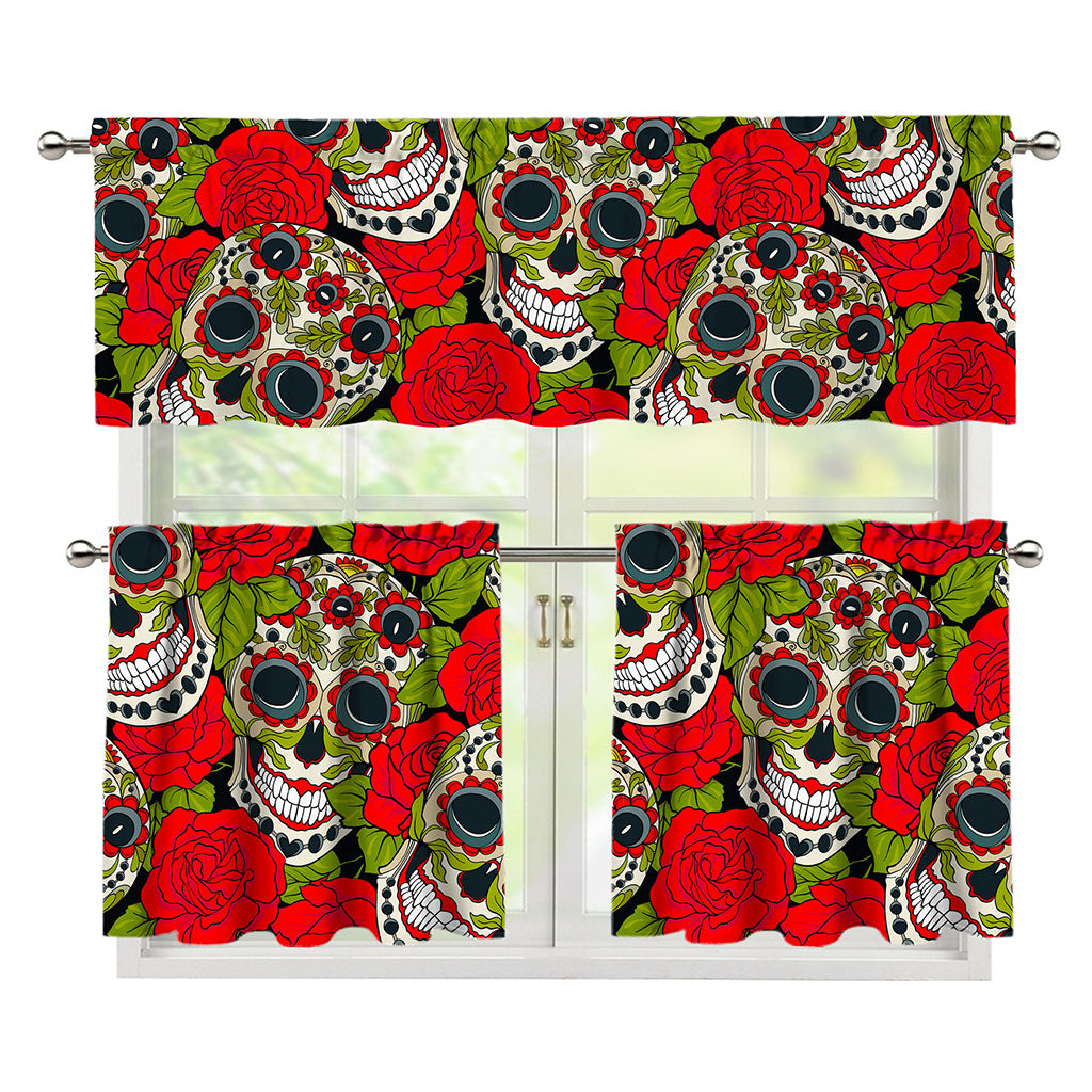 Rose Floral Sugar Skull Pattern Print 3 Piece Kitchen Curtains
