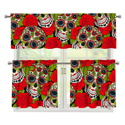 Rose Floral Sugar Skull Pattern Print 3 Piece Kitchen Curtains