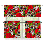 Rose Floral Sugar Skull Pattern Print 3 Piece Kitchen Curtains
