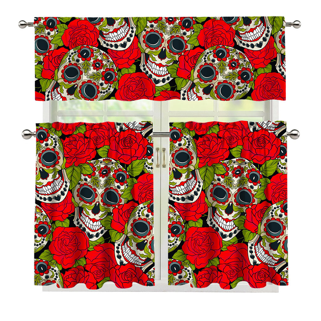 Rose Floral Sugar Skull Pattern Print 3 Piece Kitchen Curtains