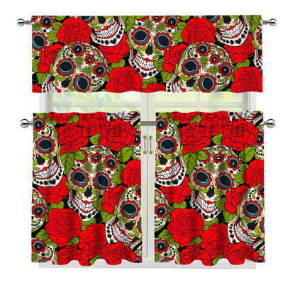 Rose Floral Sugar Skull Pattern Print 3 Piece Kitchen Curtains