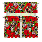 Rose Floral Sugar Skull Pattern Print 3 Piece Kitchen Curtains