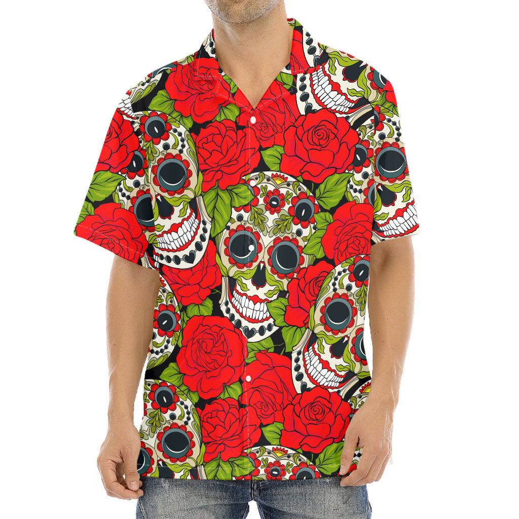 Rose Floral Sugar Skull Pattern Print Aloha Shirt
