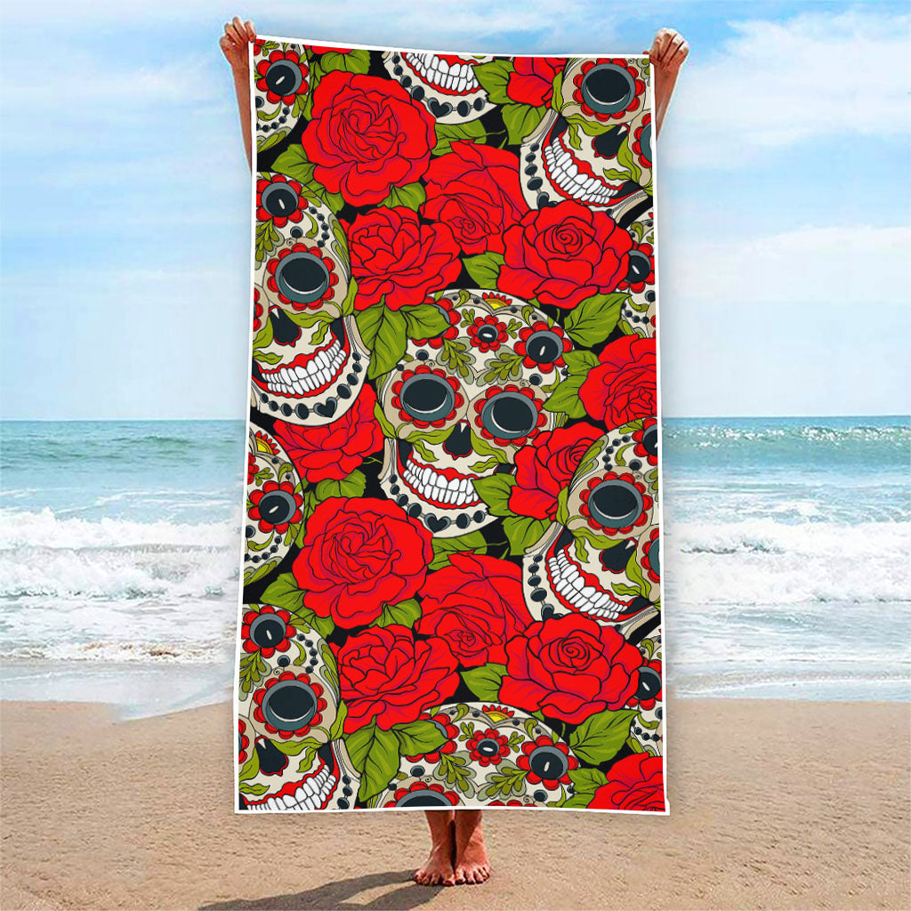 Rose Floral Sugar Skull Pattern Print Beach Towel