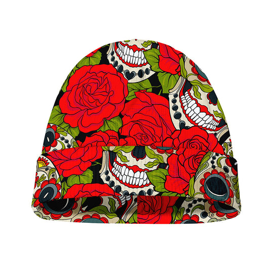 Rose Floral Sugar Skull Pattern Print Beanie