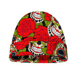 Rose Floral Sugar Skull Pattern Print Beanie