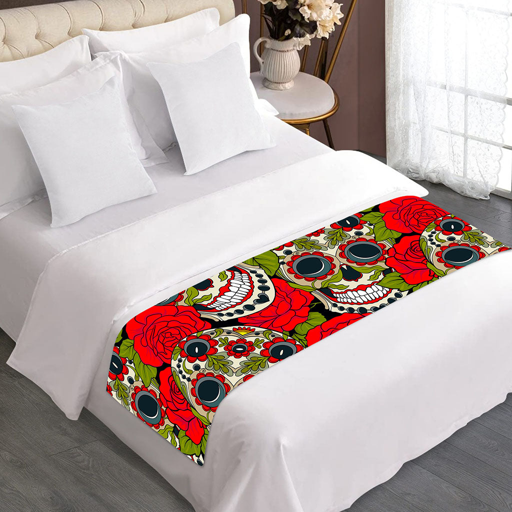 Rose Floral Sugar Skull Pattern Print Bed Runner
