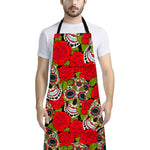 Rose Floral Sugar Skull Pattern Print Bib Apron With Pocket