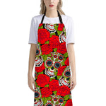 Rose Floral Sugar Skull Pattern Print Bib Apron With Pocket