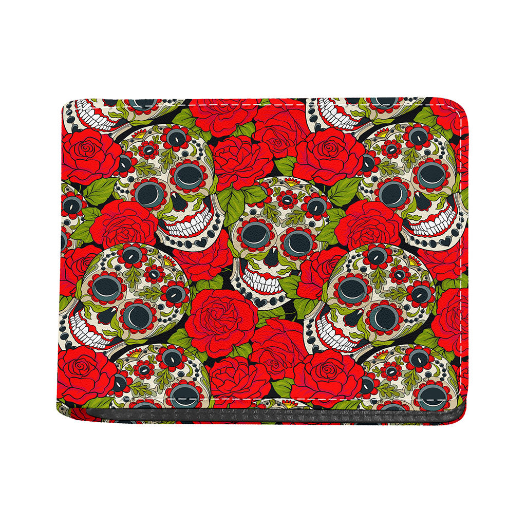 Rose Floral Sugar Skull Pattern Print Bifold Wallet