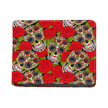 Rose Floral Sugar Skull Pattern Print Bifold Wallet