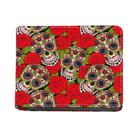 Rose Floral Sugar Skull Pattern Print Bifold Wallet