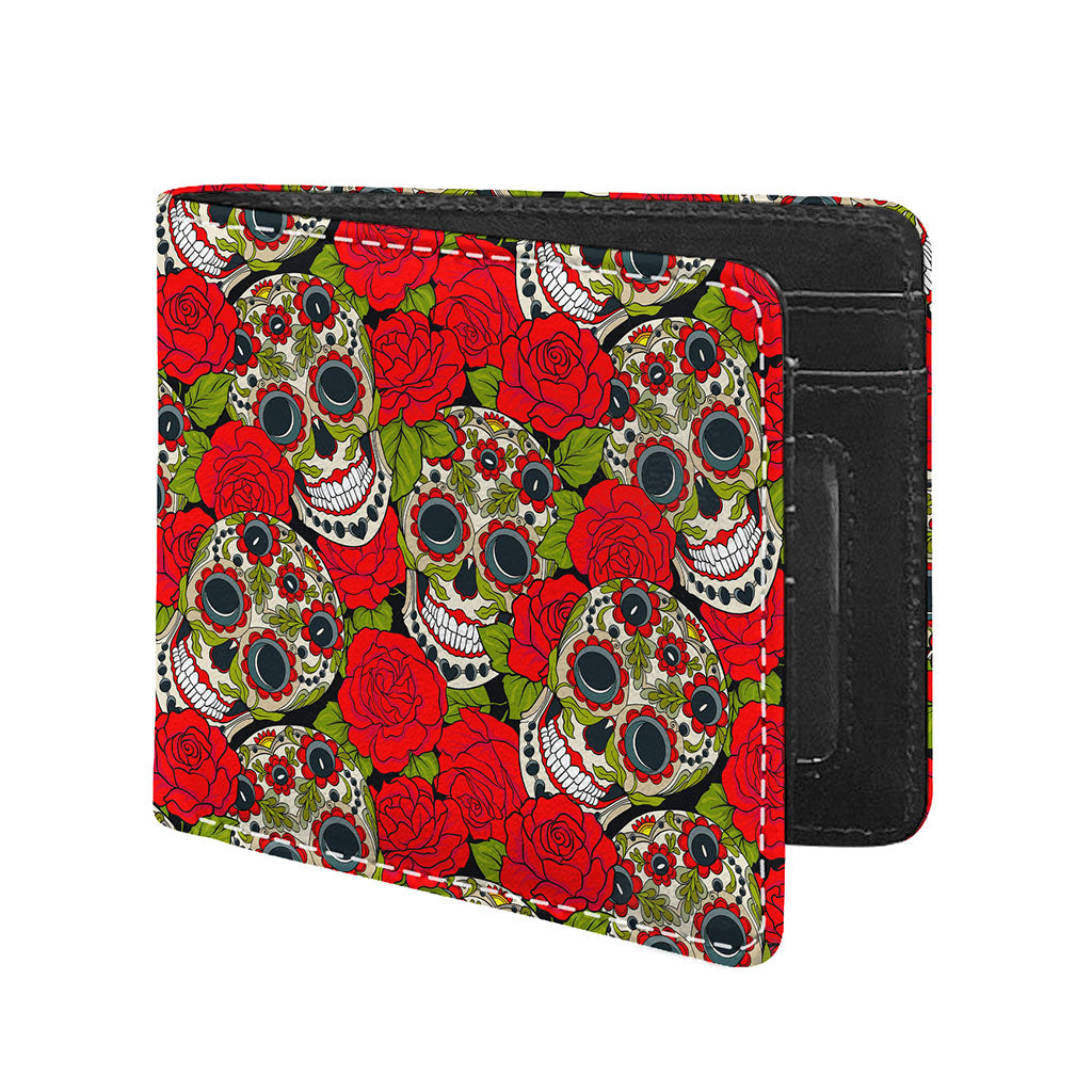 Rose Floral Sugar Skull Pattern Print Bifold Wallet
