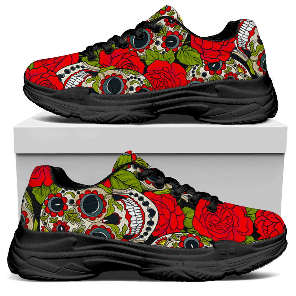 Rose Floral Sugar Skull Pattern Print Black Chunky Shoes