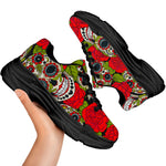 Rose Floral Sugar Skull Pattern Print Black Chunky Shoes