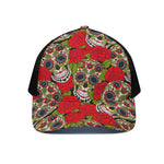 Rose Floral Sugar Skull Pattern Print Black Mesh Trucker Cap
