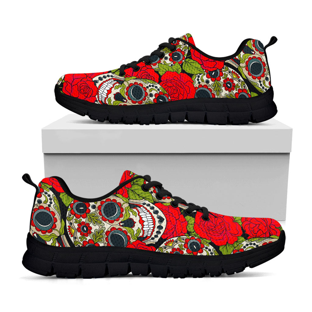 Rose Floral Sugar Skull Pattern Print Black Running Shoes