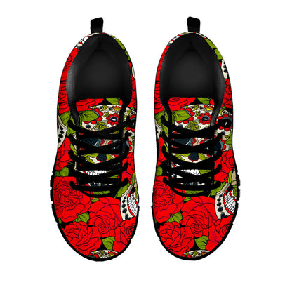 Rose Floral Sugar Skull Pattern Print Black Running Shoes