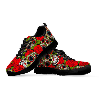 Rose Floral Sugar Skull Pattern Print Black Running Shoes