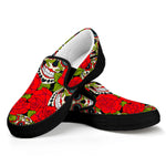 Rose Floral Sugar Skull Pattern Print Black Slip On Sneakers