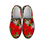 Rose Floral Sugar Skull Pattern Print Black Slip On Sneakers