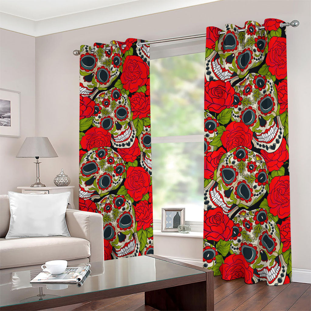 Rose Floral Sugar Skull Pattern Print Blackout Grommet Curtains