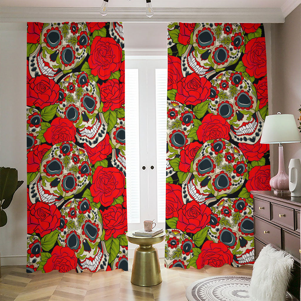 Rose Floral Sugar Skull Pattern Print Blackout Pencil Pleat Curtains