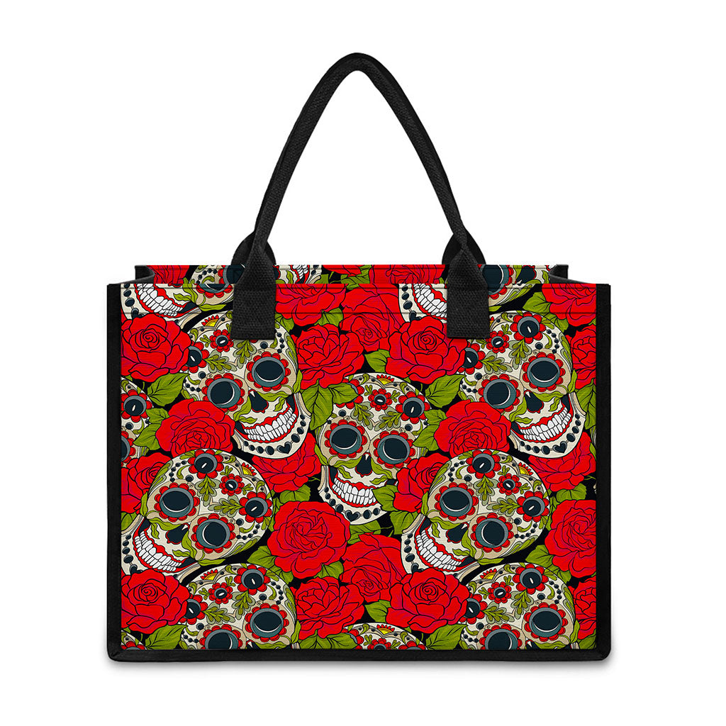 Rose Floral Sugar Skull Pattern Print Canvas Tote Bag