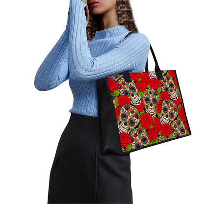 Rose Floral Sugar Skull Pattern Print Canvas Tote Bag