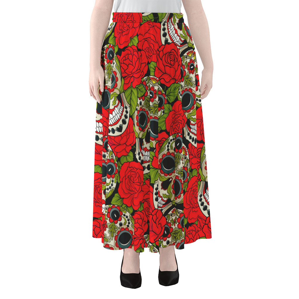 Rose Floral Sugar Skull Pattern Print Chiffon Maxi Skirt