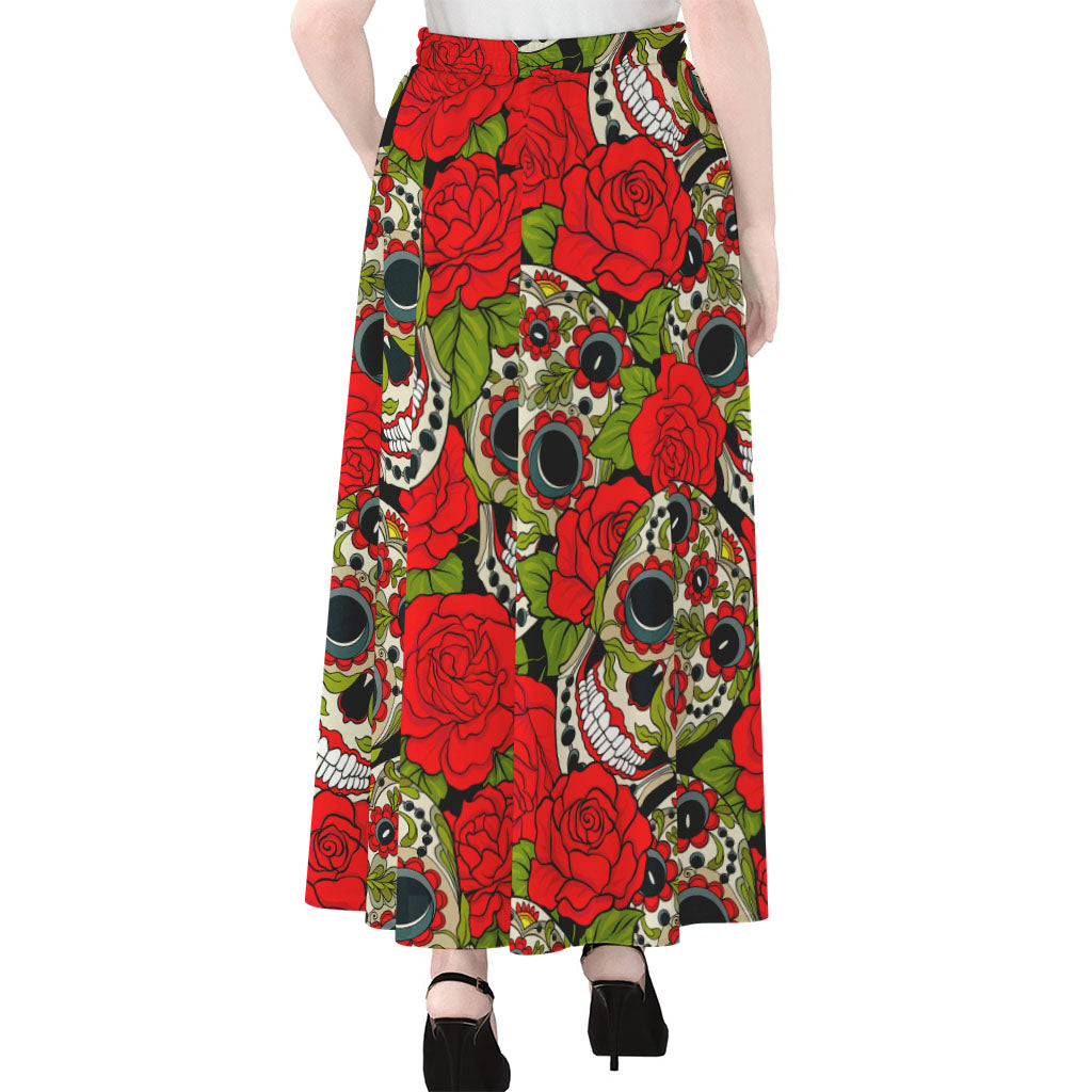 Rose Floral Sugar Skull Pattern Print Chiffon Maxi Skirt