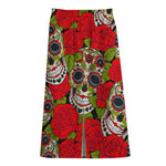 Rose Floral Sugar Skull Pattern Print Cotton Front Slit Maxi Skirt