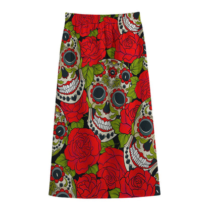 Rose Floral Sugar Skull Pattern Print Cotton Front Slit Maxi Skirt