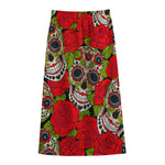 Rose Floral Sugar Skull Pattern Print Cotton Front Slit Maxi Skirt