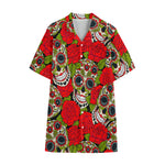 Rose Floral Sugar Skull Pattern Print Cotton Hawaiian Shirt