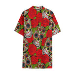 Rose Floral Sugar Skull Pattern Print Cotton Hawaiian Shirt